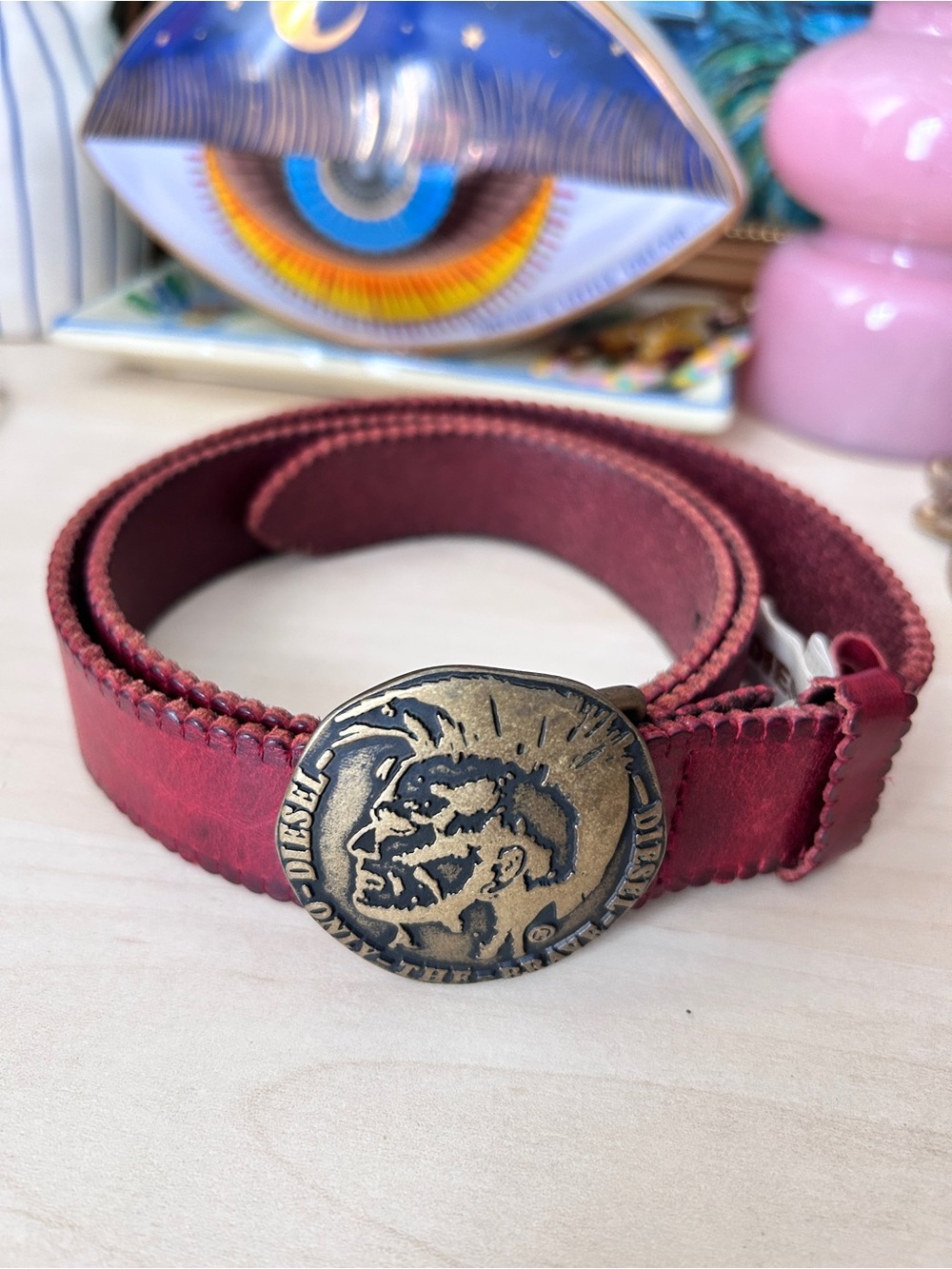 Diesel Men's Burgundy Leather Belt with Brass Medallion Buckle